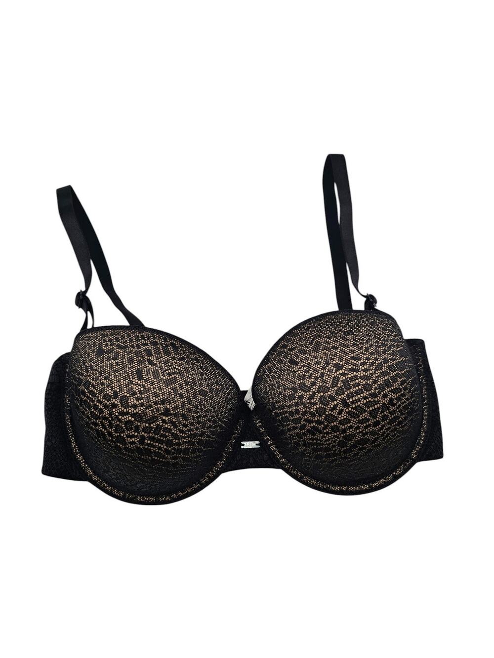 Self Expressions I-Fit Womens Sz 34D T Shirt Bra Beige w/ Black Overlay